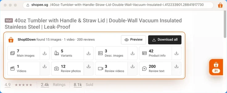 Kartu ShopEDown di bawah judul produk Shopee yang menunjukkan 1 video ditemukan