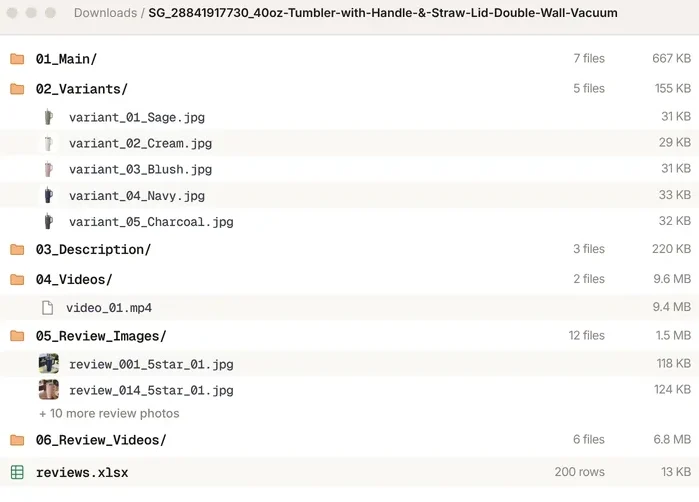 Folder produk dengan subfolder 04_Videos berisi video_01.mp4